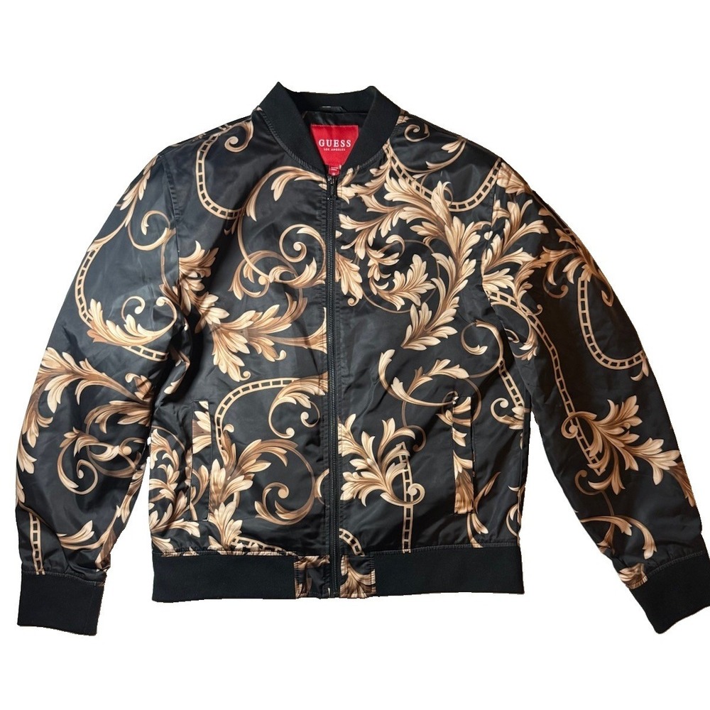 Guess Bomber Jacket Black & Gold Full Zip with Pockets Men's Medium
